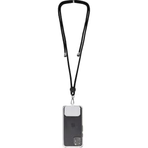 A phone lanyard in black holds a transparent phone case, featuring a logo on the back.