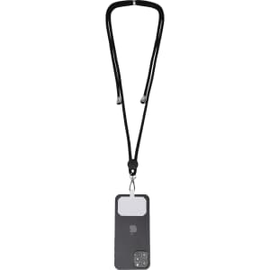 A black phone lanyard holds a mobile phone with a sleek design and a logo, featuring a secure attachment.