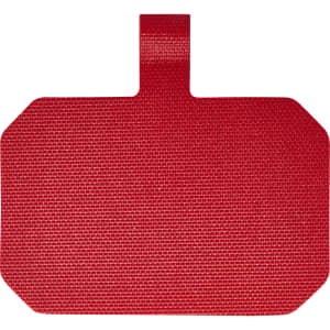 A red promotional phone lanyard with a textured finish and a top loop for attachment. It features a logo.