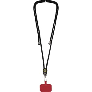 A black phone lanyard with a red attachment at the bottom and a circular clasp in the centre.