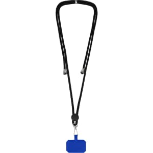 A black lanyard with a blue rectangular holder at the end, featuring a metal clip.