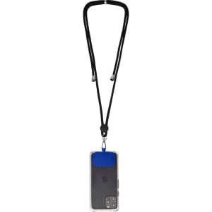 A phone lanyard in black with a blue attachment, holding a phone in a protective case.