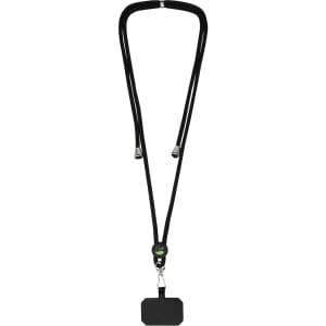 A black phone lanyard features adjustable cords and a clip for attaching devices. It has a simplistic design.