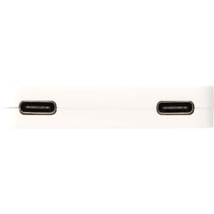 A white 4-port USB hub with USB-A and Type-C outputs, featuring multiple connection ports.