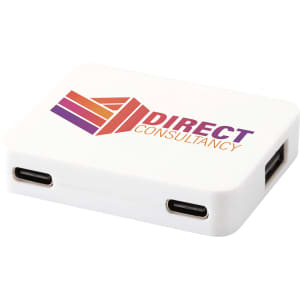 A white 4-port USB hub featuring USB-A and Type-C outputs, with a logo printed on the surface.