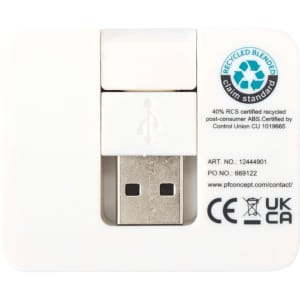 A white 4-port USB hub featuring USB-A and Type-C outputs, with a compact design and a logo.