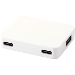 A white USB hub featuring four ports, including USB-A and Type-C outputs. It has a sleek, compact design.