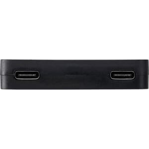A black USB hub featuring two USB-A and two Type-C ports on one side. It has a simple, sleek design.