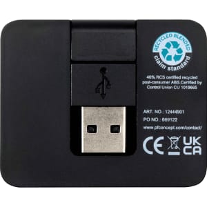 A black USB hub featuring a USB-A port, Type-C output, and dual input, with a small logo visible.