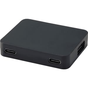 A black USB hub with four ports, including USB-A and Type-C outputs, featuring a compact rectangular design.