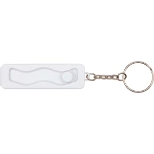 A white recycled plastic phone stand with a fidget toy, attached to a metal keychain.
