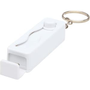 A white recycled plastic phone stand with a fidget toy attached, complete with a keyring for easy carrying.