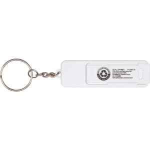 A white plastic phone stand with a keyring, featuring a fidget toy and a logo on one side.