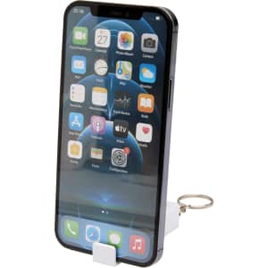 A white recycled plastic phone stand featuring a fidget toy attached, designed to hold a smartphone.