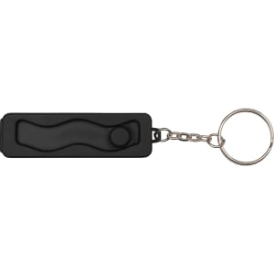 A black recycled plastic phone stand with a fidget toy attached, featuring a keyring for easy carrying.