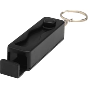 A black plastic phone stand with a fidget toy and a keyring attachment.