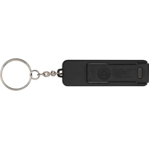 A black keychain with a rectangular body and a circular attachment ring. It features a logo on one side.