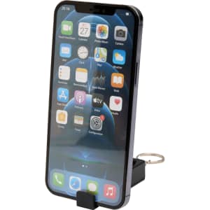 A black recycled plastic phone stand featuring a fidget toy and displaying a smartphone with an app interface.