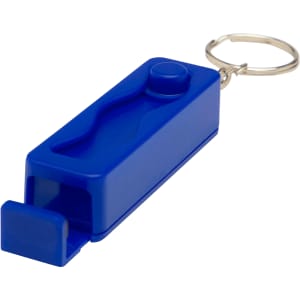 A blue plastic phone stand with a fidget toy attached, featuring a keyring for easy carrying.