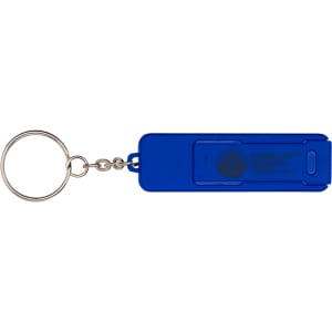 A blue keychain with a fidget toy attached, featuring a circular logo and a simple design.