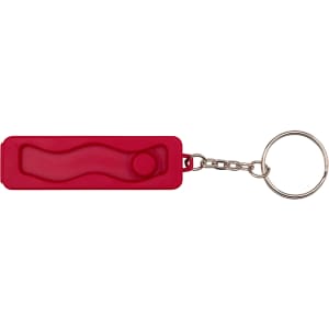 A red recycled plastic phone stand with a fidget toy attached, featuring a keychain loop.