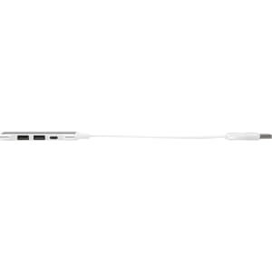 A silver recycled aluminium USB-A and Type-C hub with dual input and a white connecting cable.