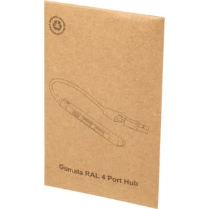 A brown cardboard packaging featuring a sketch of the Alkaid 4-Port Recycled Aluminium USB-A & Type-C Hub with dual input.