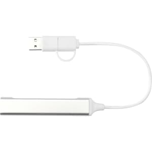 A silver aluminium USB-A and Type-C hub with a dual input and a white connecting cable. It has a logo on the surface.