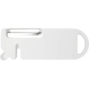 A white multi-purpose kitchen tool with a peeler and a handle. It has a simple, sleek design.