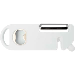 A multi-purpose kitchen tool in white, featuring a peeler, lid opener, and small cutting edge. It has a logo.