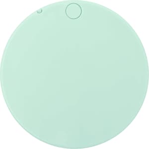 A circular mint green makeup mirror featuring a smooth surface and a small button, with a logo present.