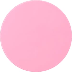 A round pink makeup mirror with a smooth surface, featuring a simple design and a logo.