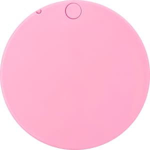 A round, pink makeup mirror with a smooth surface and a small button. It features a logo on the back.