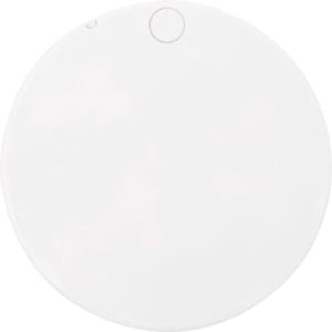 A round, white compact makeup mirror with a small button on one side and a logo.
