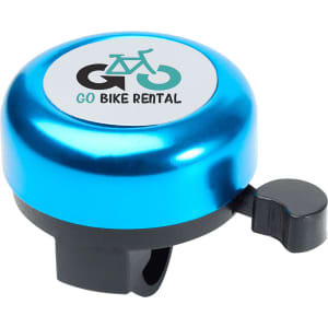 A blue bicycle bell with a black lever and a logo on the top.