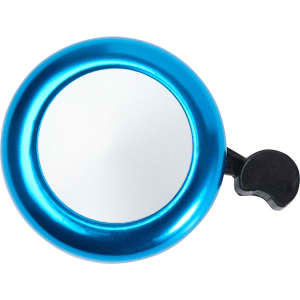 A blue bicycle bell with a shiny metallic finish and a black lever for ringing. It features a branding logo.
