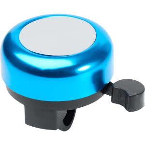 A blue bicycle bell with a shiny finish and a black lever for ringing. It has a circular shape and a blank centre.