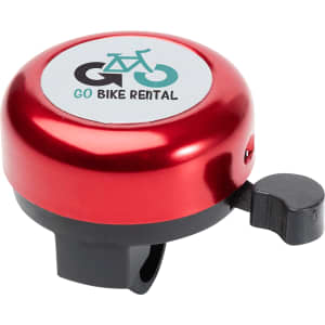 A red bicycle bell with a black base and a lever, featuring a logo on a white circle.