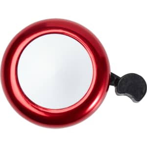 A red bicycle bell with a shiny surface and a black lever for ringing. It features a logo on its side.