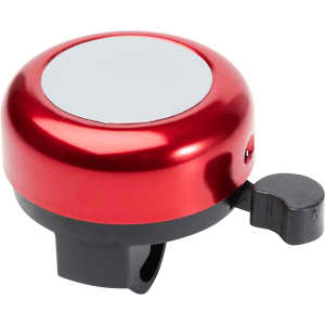 A red metal bicycle bell featuring a black mount and a lever for ringing. It has a plain circular top.