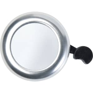 A silver bicycle bell with a black lever, featuring a circular design and a smooth finish.