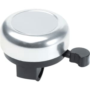 A silver bicycle bell with a black lever for mounting. It features a smooth, round surface.