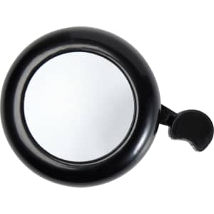 A black bicycle bell with a shiny silver surface and a side lever for ringing. It features a logo.