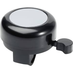 A black bicycle bell with a shiny silver top and a small lever for ringing. It features a branding logo.