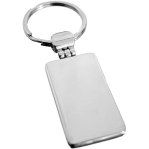 A silver metal keyring with a rectangular, flat pendant and a round keychain attachment.