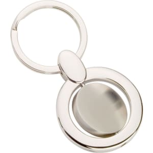 A silver swivel keyring featuring a circular design and a smooth, polished surface.
