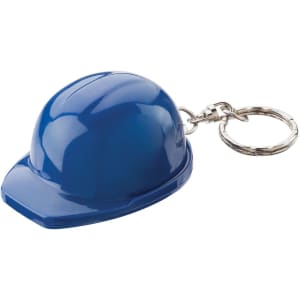 A blue hard hat keyring with a silver keychain attachment. It has a glossy finish and a distinct hat shape.