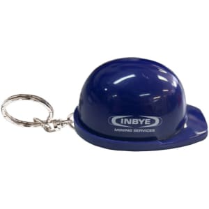 A blue hard hat keyring with a silver chain and a logo on the front.