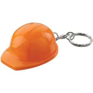 An orange hard hat keyring with a metallic keychain attached.