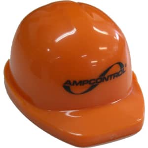 An orange hard hat keyring with a black logo, featuring a glossy finish and a realistic design.